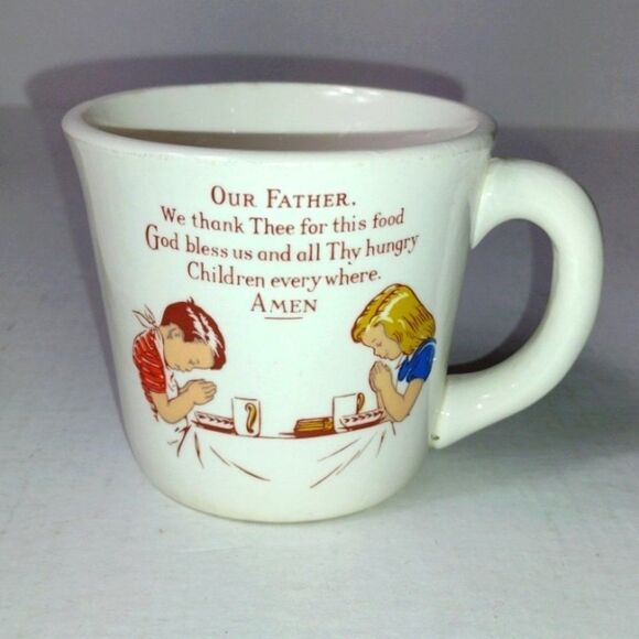 Vintage c1950s Children's‎ Ceramic Handled Cup and Saucer Prayer Grace Religious - Picture 2 of 12
